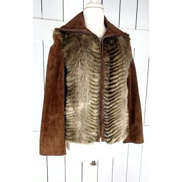 Vintage brown suede leather faux fur zipper jacket Because its by Gino Rossi sue - Picture 2 of 8